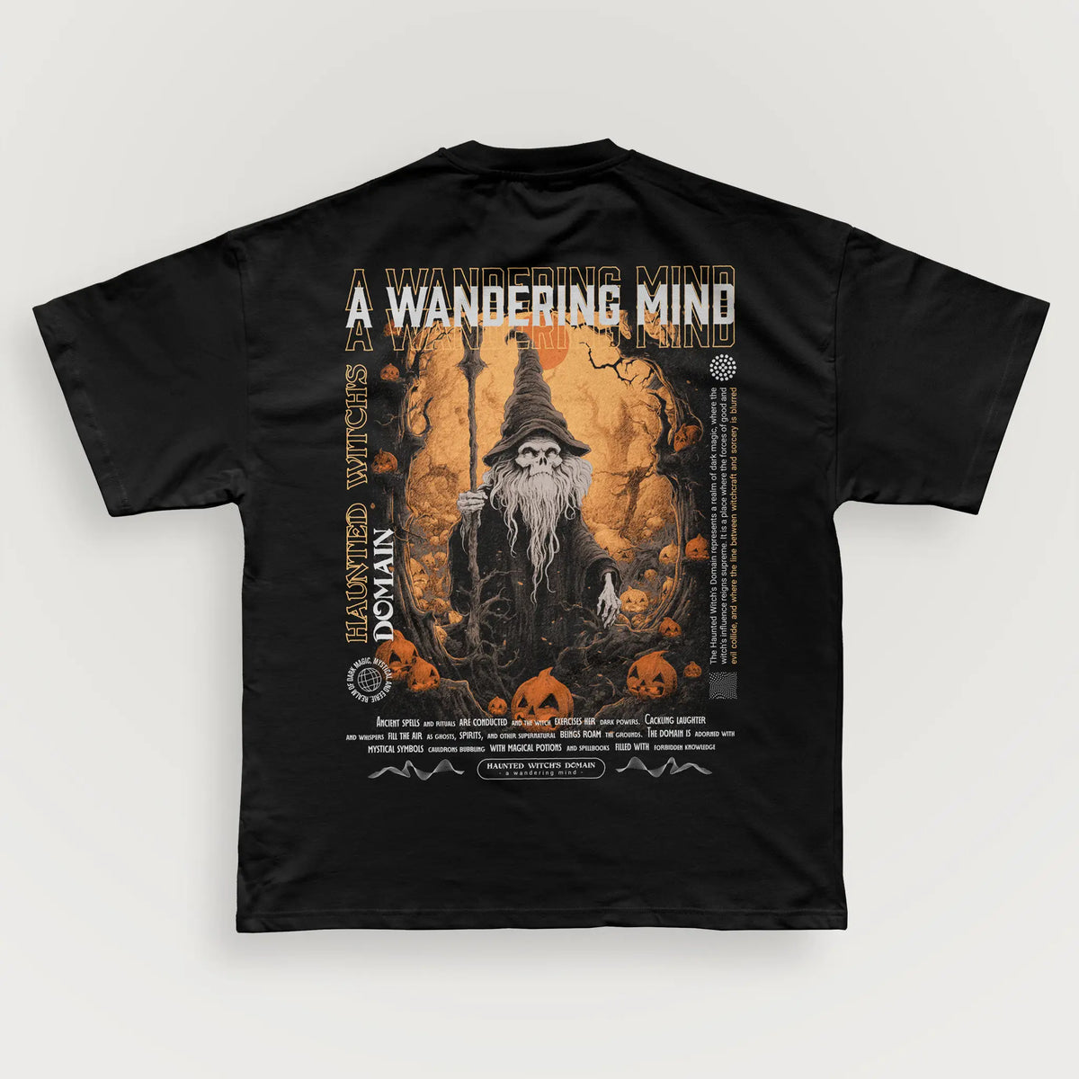 A Wandering Mind Haunted Witch's Domain t-shirt in black back view