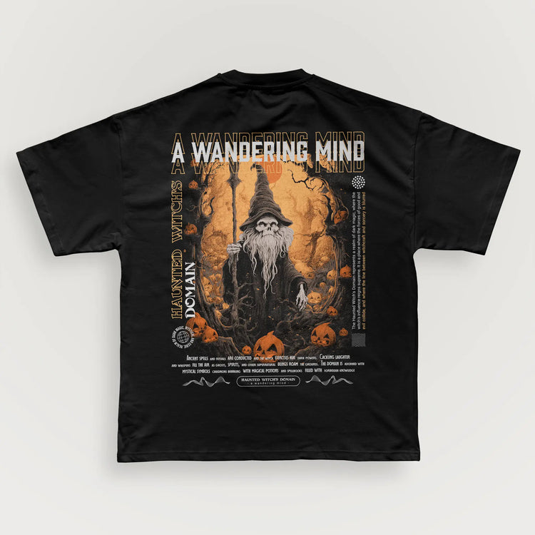 A Wandering Mind Haunted Witch's Domain t-shirt in black back view