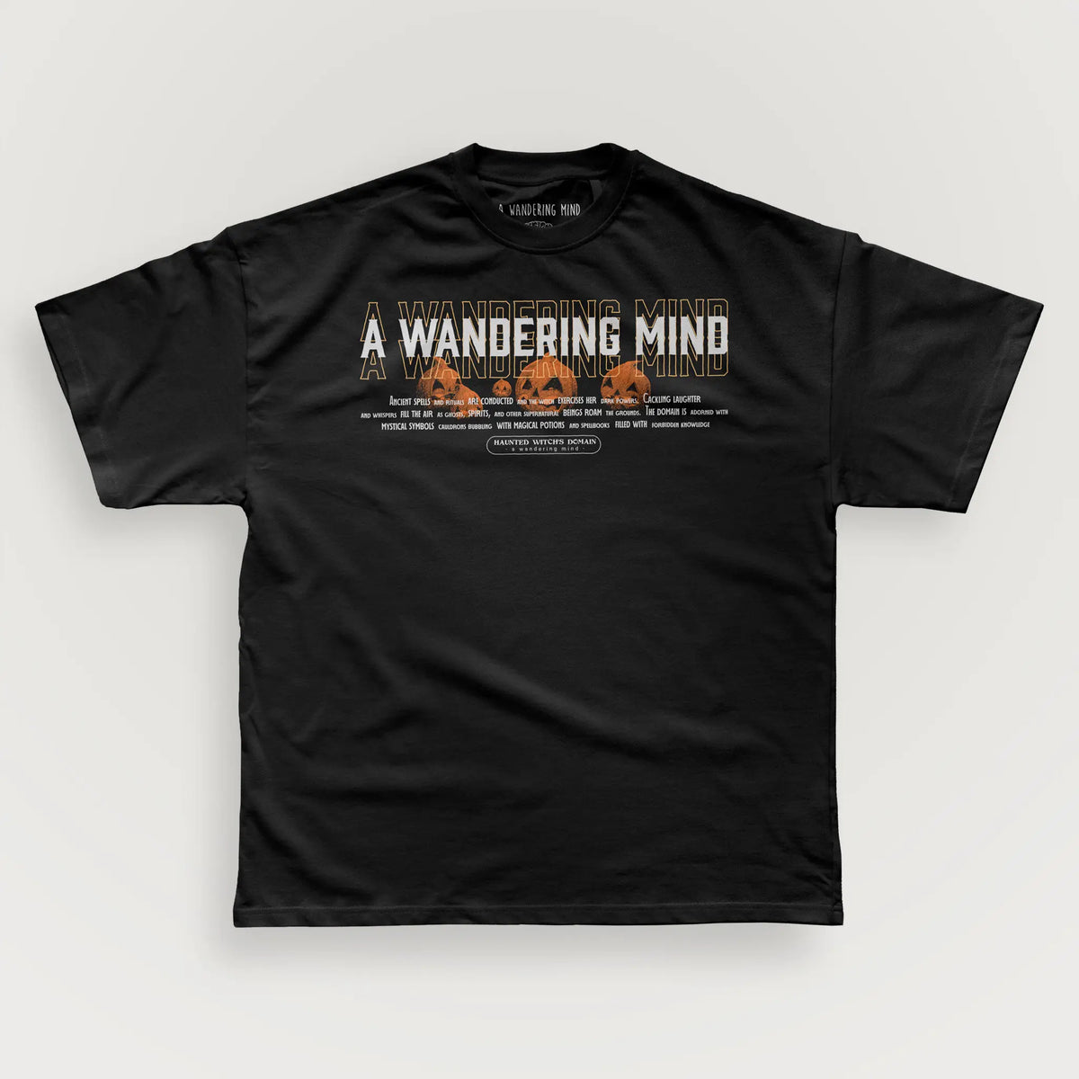 A Wandering Mind Haunted Witch's Domain t-shirt in black front view