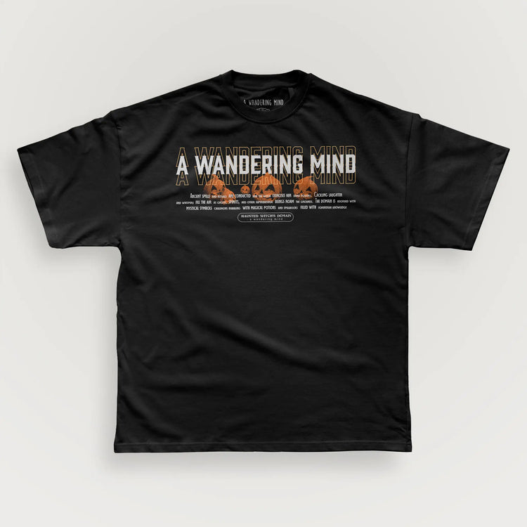 A Wandering Mind Haunted Witch's Domain t-shirt in black front view