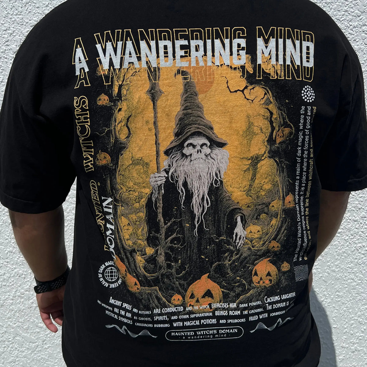 A Wandering Mind Haunted Witch's Domain t-shirt in black back view worn on model