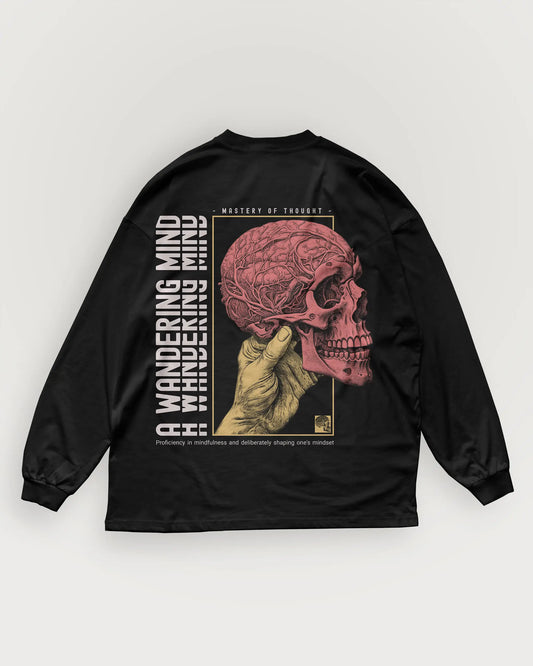 A Wandering Mind Mastery of Thought long sleeve t-shirt in black back view