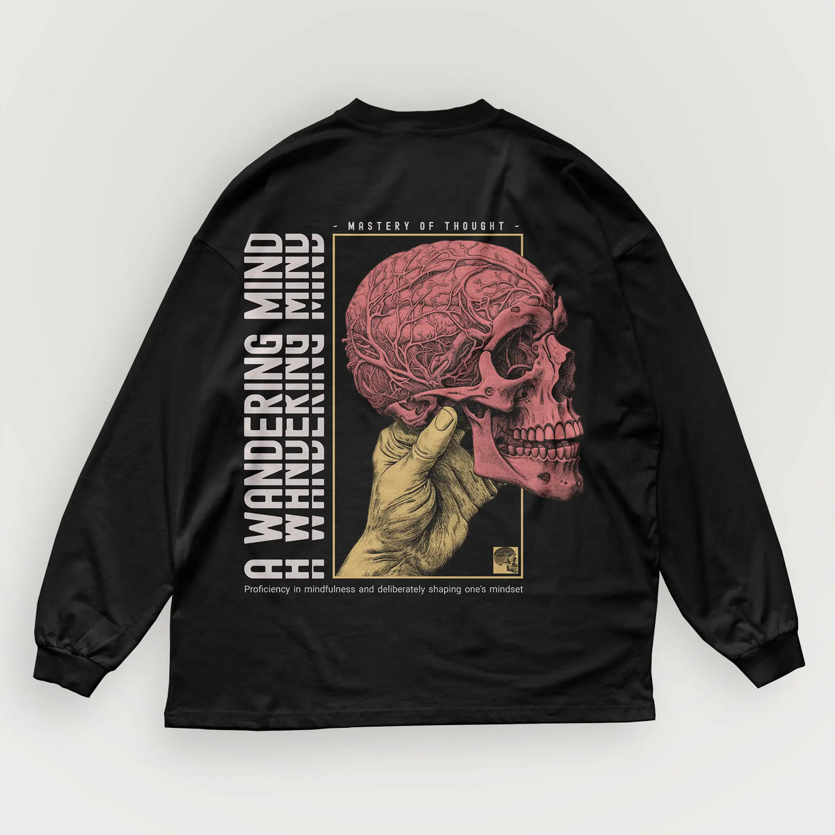 A Wandering Mind Mastery of Thought long sleeve t-shirt in black back view