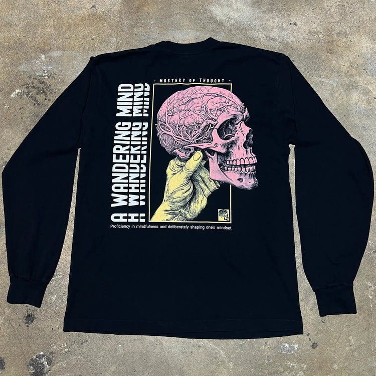A Wandering Mind Mastery of Thought long sleeve t-shirt in black back view