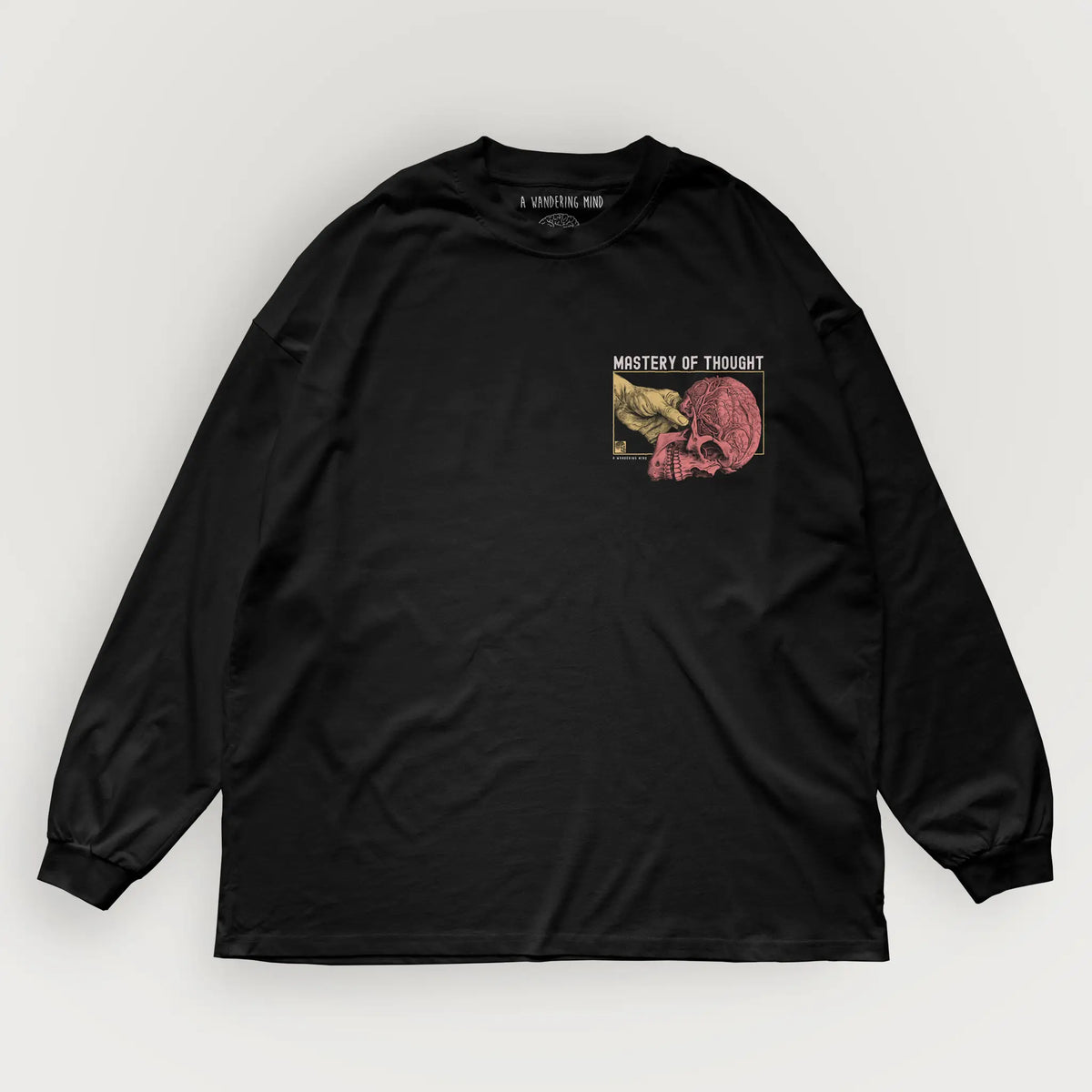 A Wandering Mind Mastery of Thought long sleeve t-shirt in black front view
