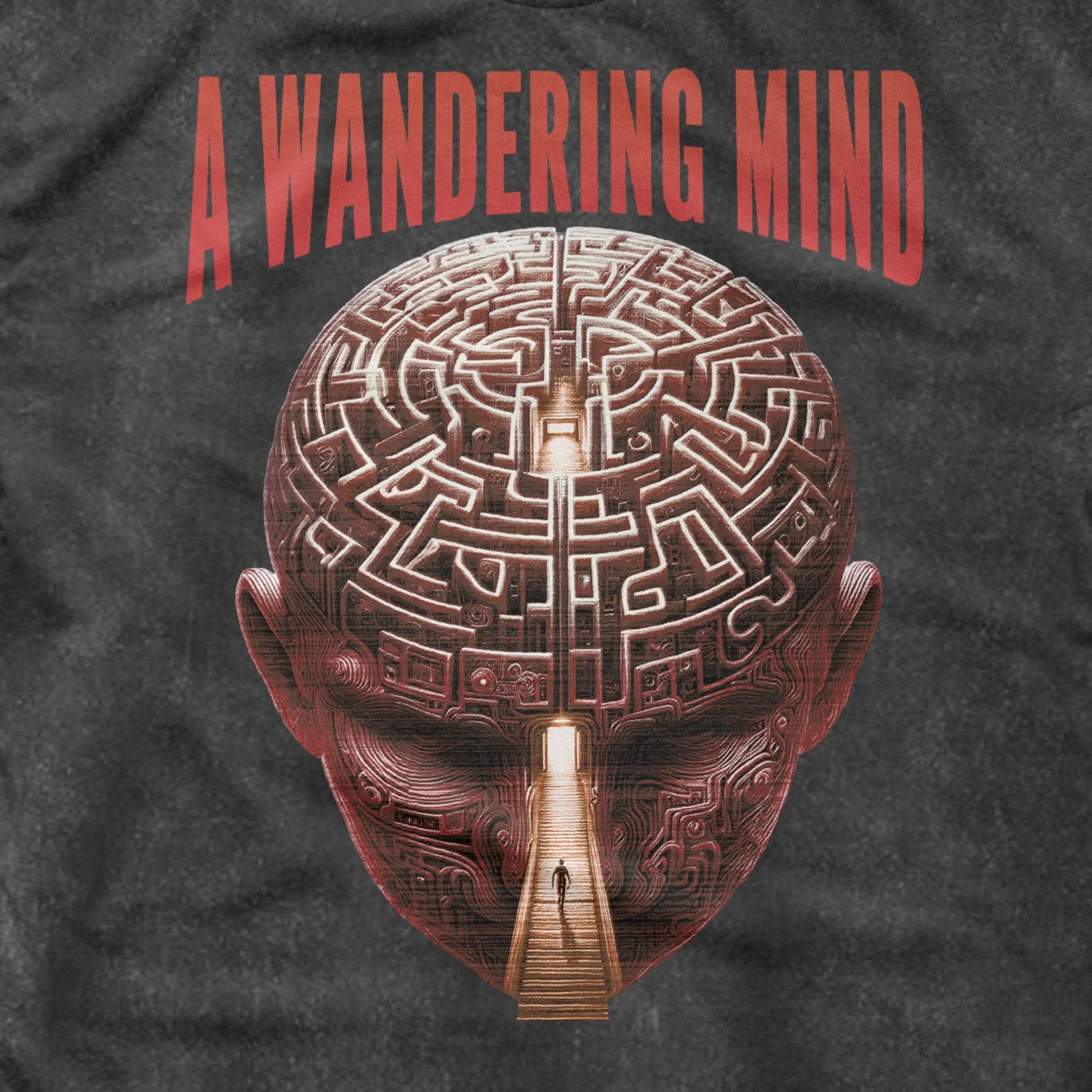 A Wandering Mind Mindful Maze t-shirt in washed black front graphic detail showing human head maze, staircase
