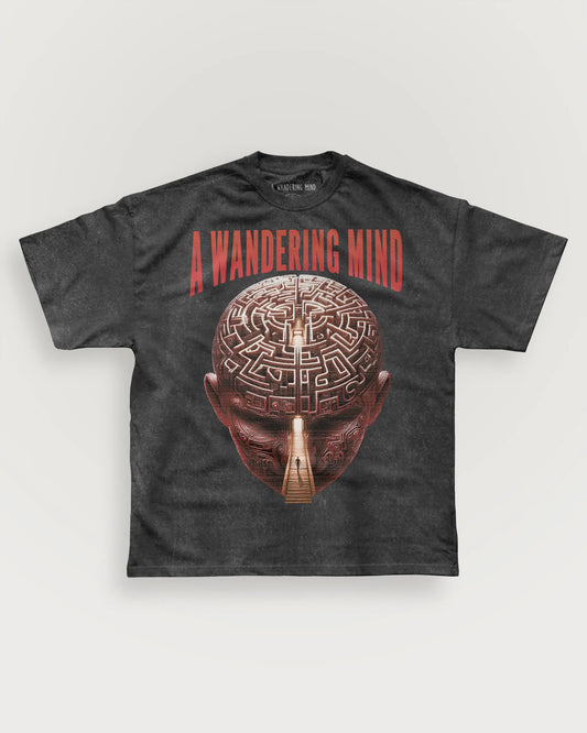 A Wandering Mind Mindful Maze t-shirt in washed black front view