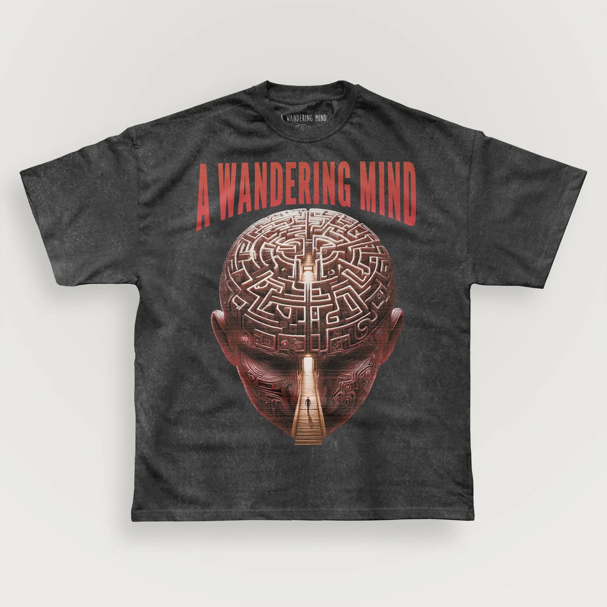 A Wandering Mind Mindful Maze t-shirt in washed black front view