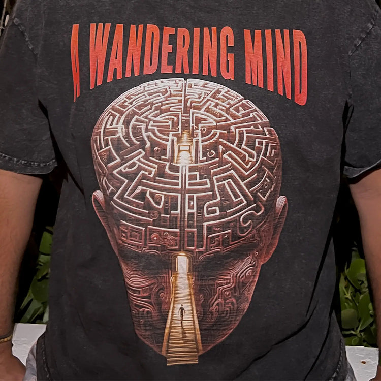A Wandering Mind Mindful Maze t-shirt in washed black front view worn on model