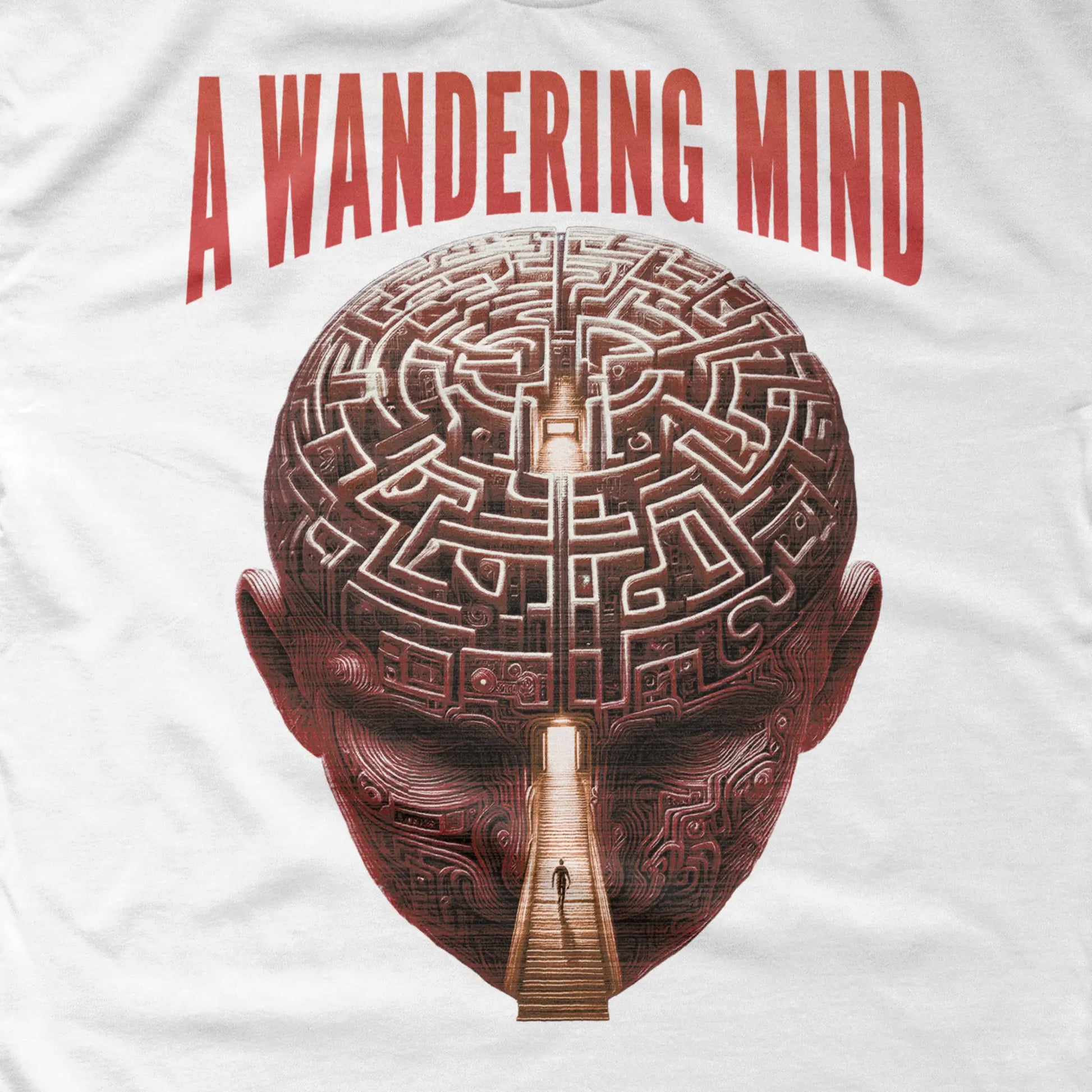 A Wandering Mind Mindful Maze t-shirt in white front graphic detail showing human head maze, staircase