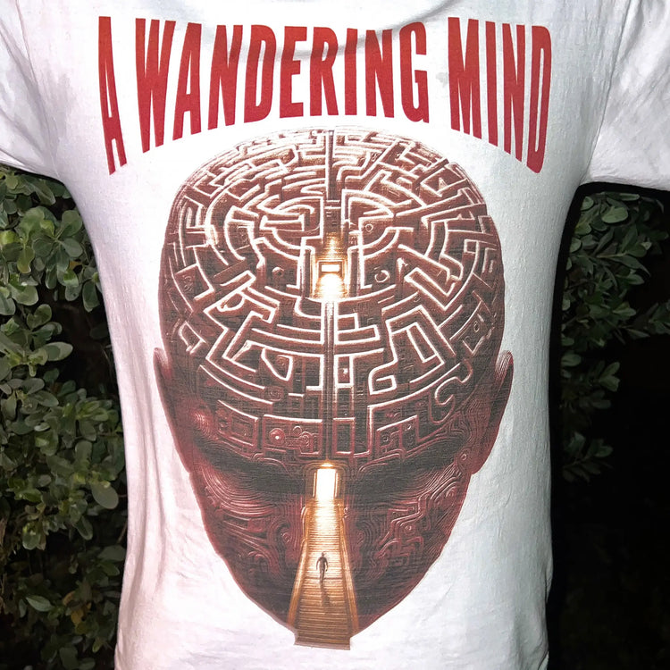 A Wandering Mind Mindful Maze t-shirt in white front graphic featuring human head maze, staircase