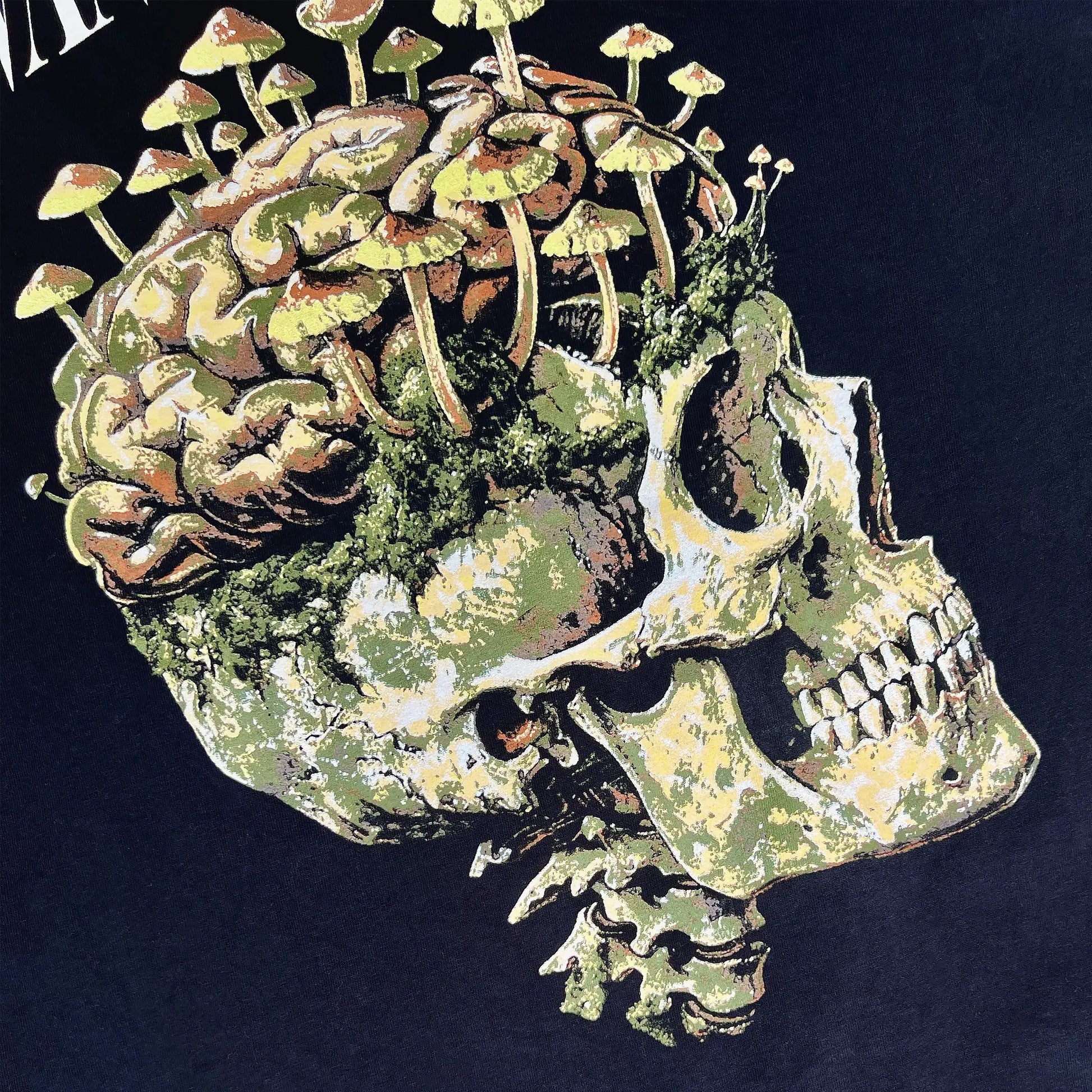 A Wandering Mind Rebirth hoodie in black back graphic detail print texture showing skull, mushrooms, moss
