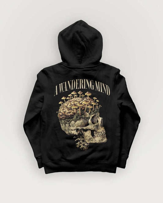 A Wandering Mind Rebirth hoodie in black back view