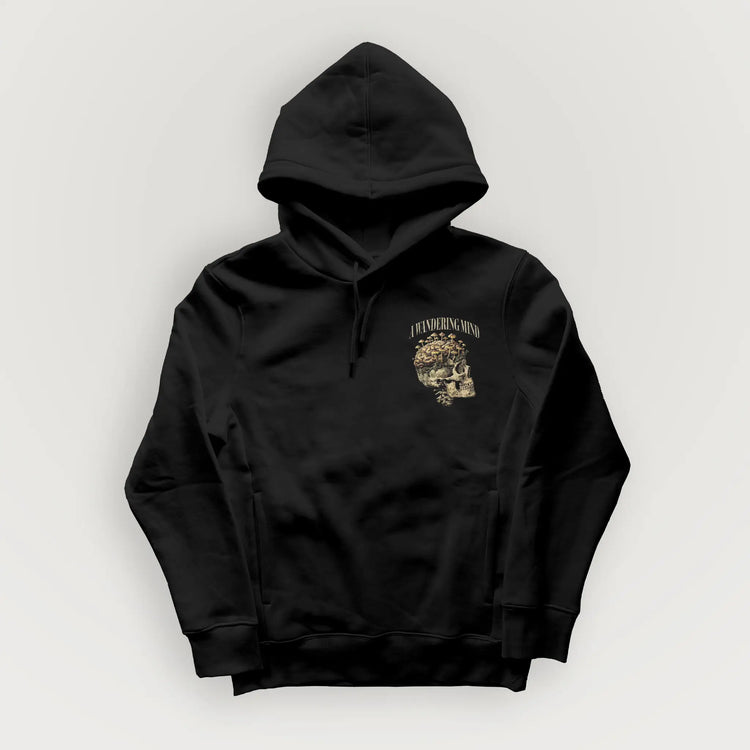 A Wandering Mind Rebirth hoodie in black front view
