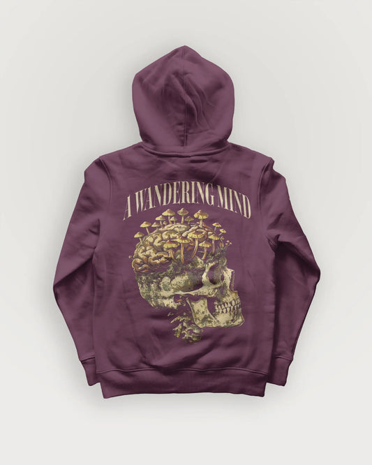 A Wandering Mind Rebirth hoodie in maroon back view