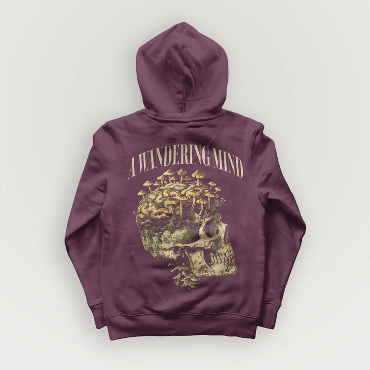 A Wandering Mind Rebirth hoodie in maroon back view