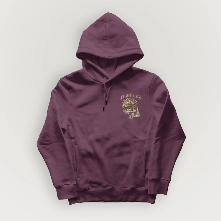 A Wandering Mind Rebirth hoodie in maroon front view