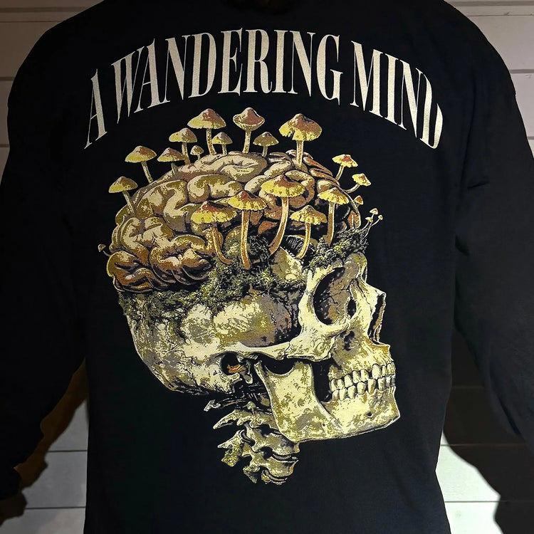 A Wandering Mind Rebirth long sleeve t-shirt in black back view worn on model