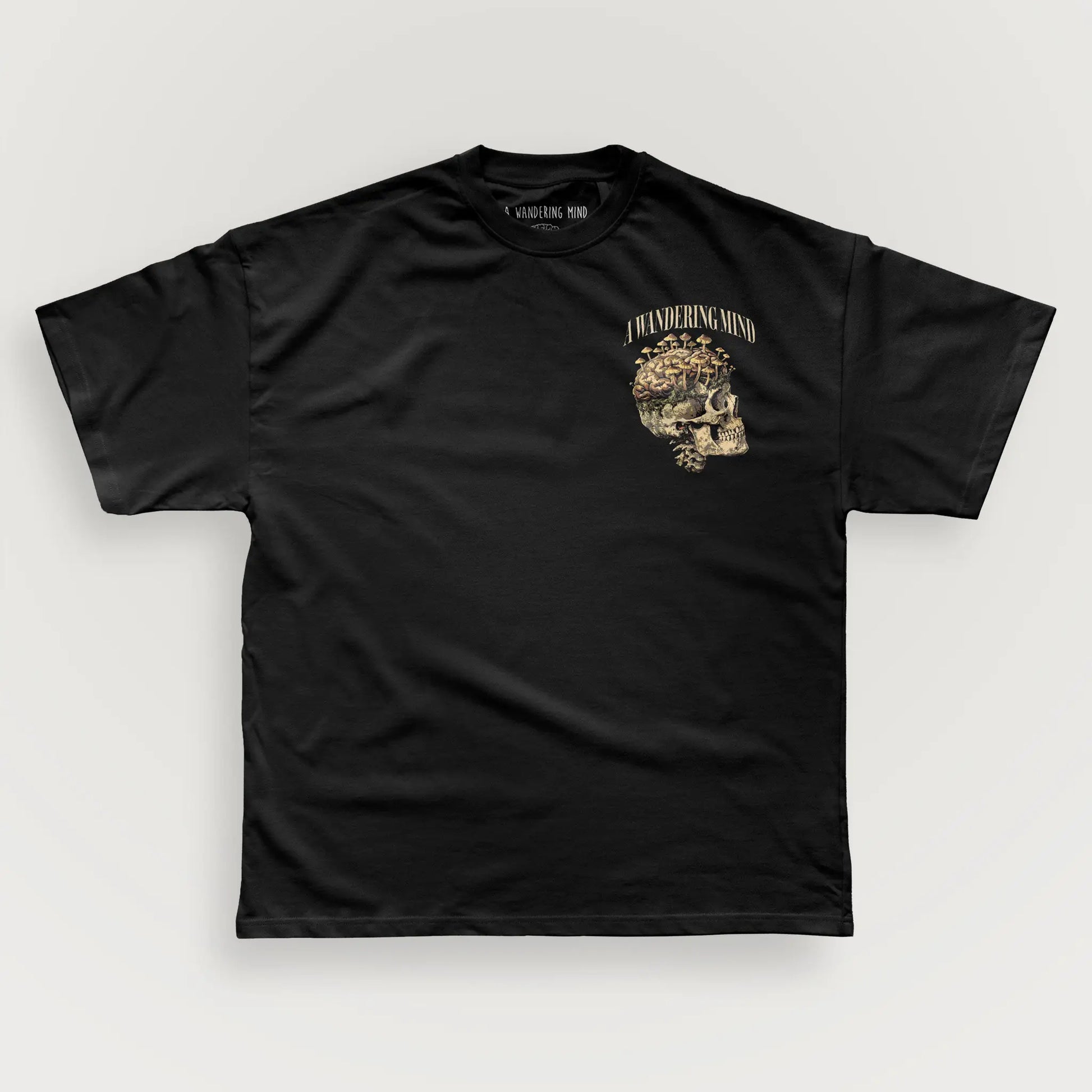 A Wandering Mind Rebirth t-shirt in black front view
