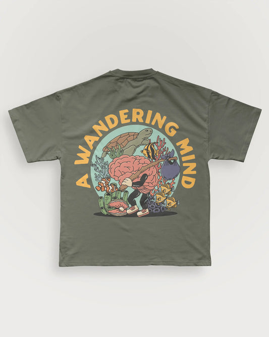 A Wandering Mind Sunken Thoughts t-shirt in olive back view