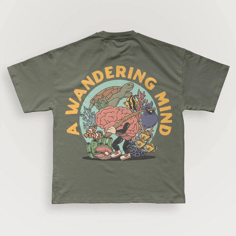 A Wandering Mind Sunken Thoughts t-shirt in olive back view