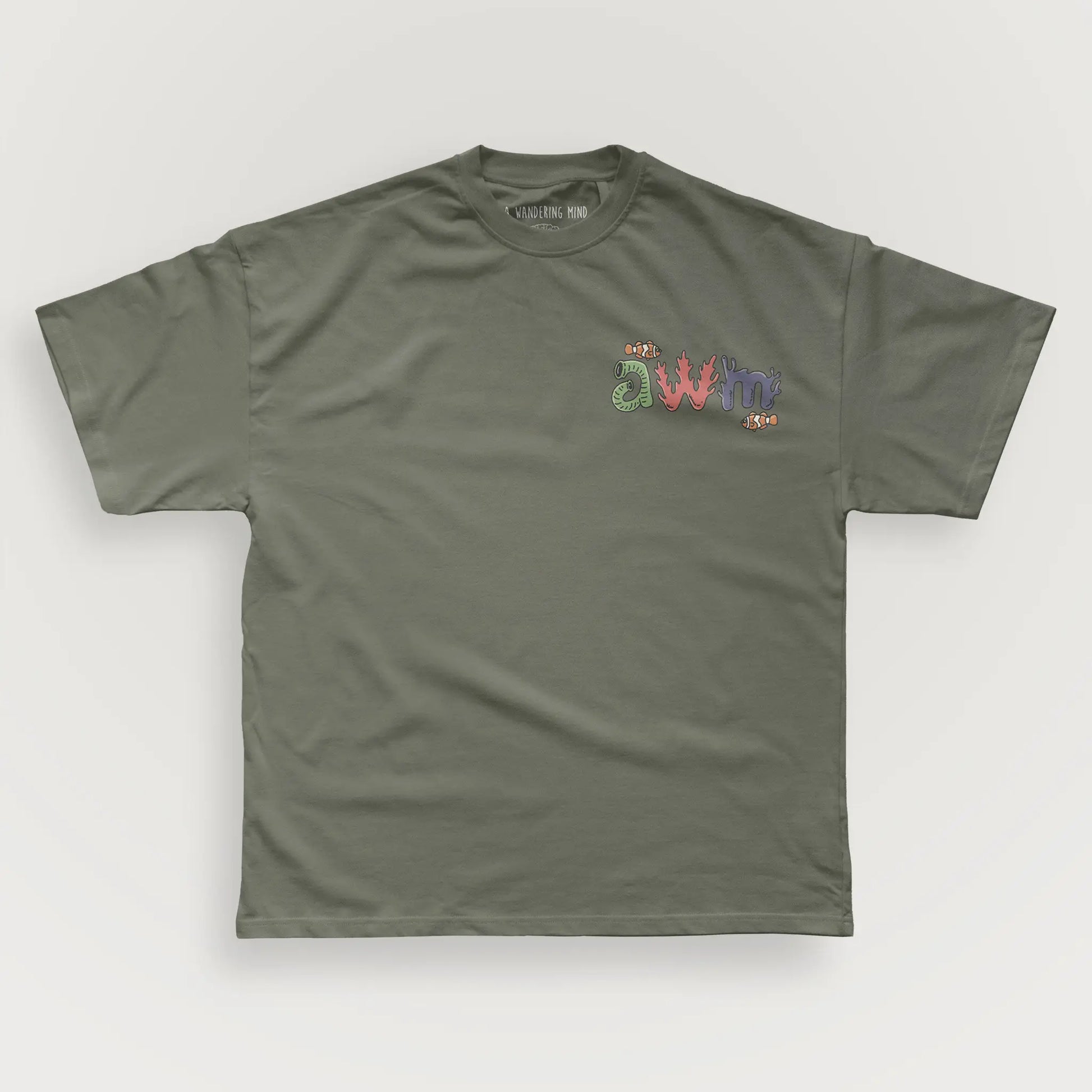 A Wandering Mind Sunken Thoughts t-shirt in olive front view
