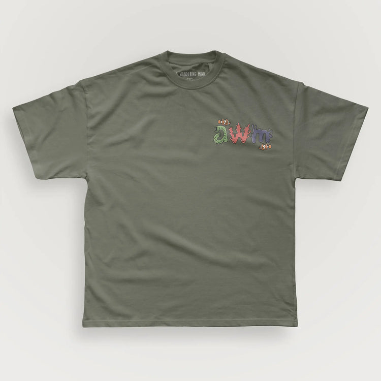 A Wandering Mind Sunken Thoughts t-shirt in olive front view