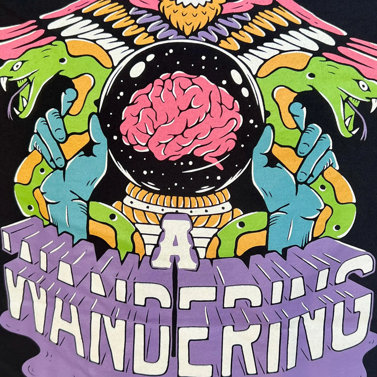 A Wandering Mind The Mystic t-shirt in black back graphic detail showing crystal ball, exposed brain, serpent
