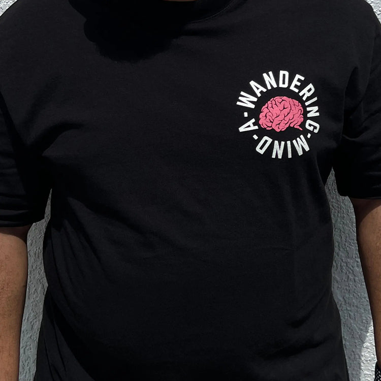 A Wandering Mind The Mystic t-shirt in black front view worn on model