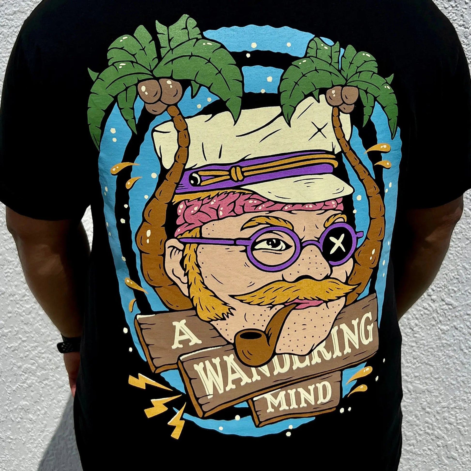 A Wandering Mind The Sailor t-shirt in black back view worn on model