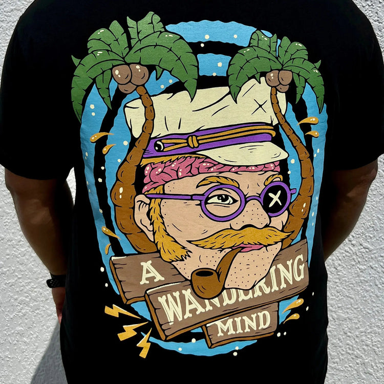 A Wandering Mind The Sailor t-shirt in black back view worn on model