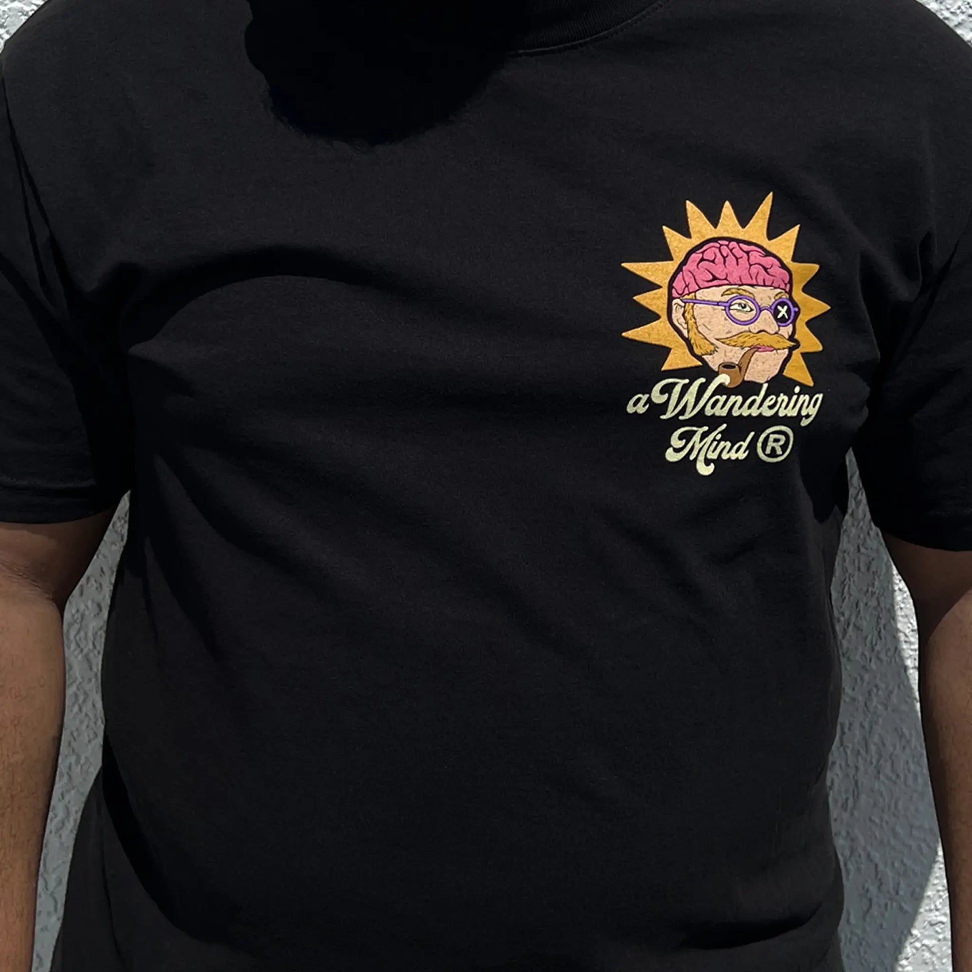 A Wandering Mind The Sailor t-shirt in black front view worn on model
