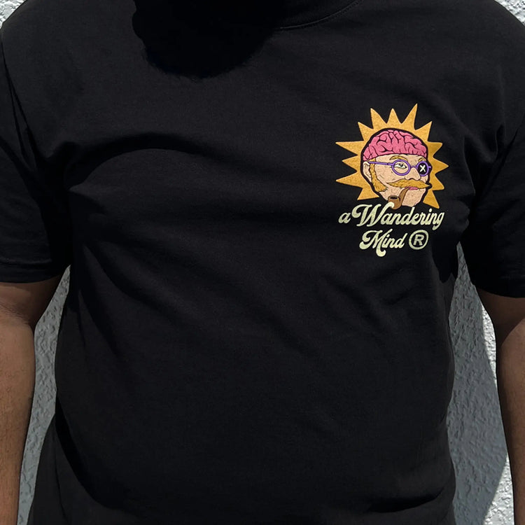 A Wandering Mind The Sailor t-shirt in black front view worn on model