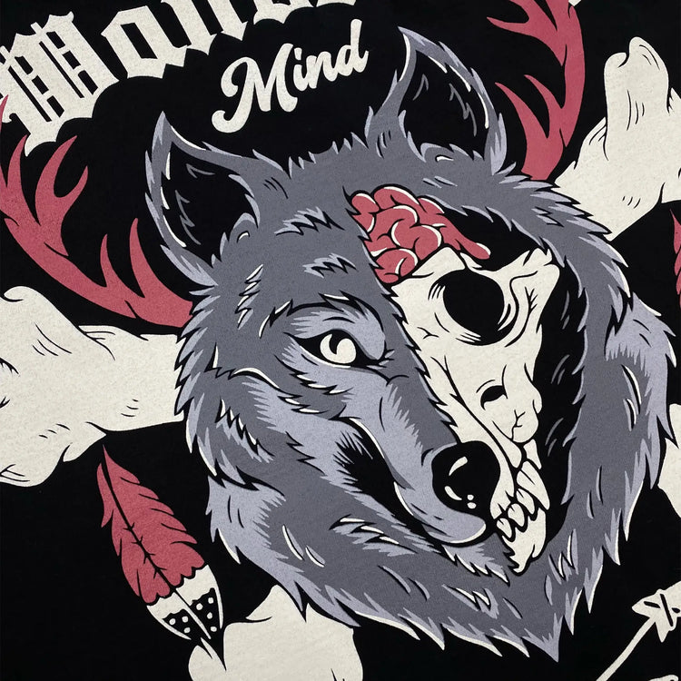 A Wandering Mind The Wolf t-shirt in black back graphic detail showing split-face wolf, skull, brain, feathers, antlers