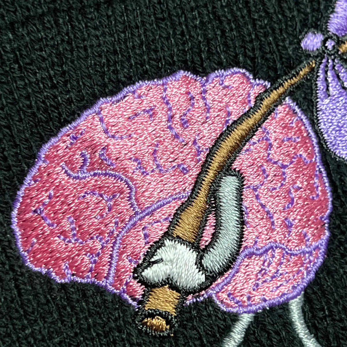 A Wandering Mind Wandering beanie in black stitching detail showing wandering brain character