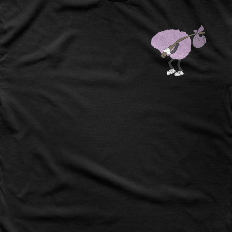 A Wandering Mind Wandering Logo Brain t-shirt in black front graphic detail showing wandering brain character