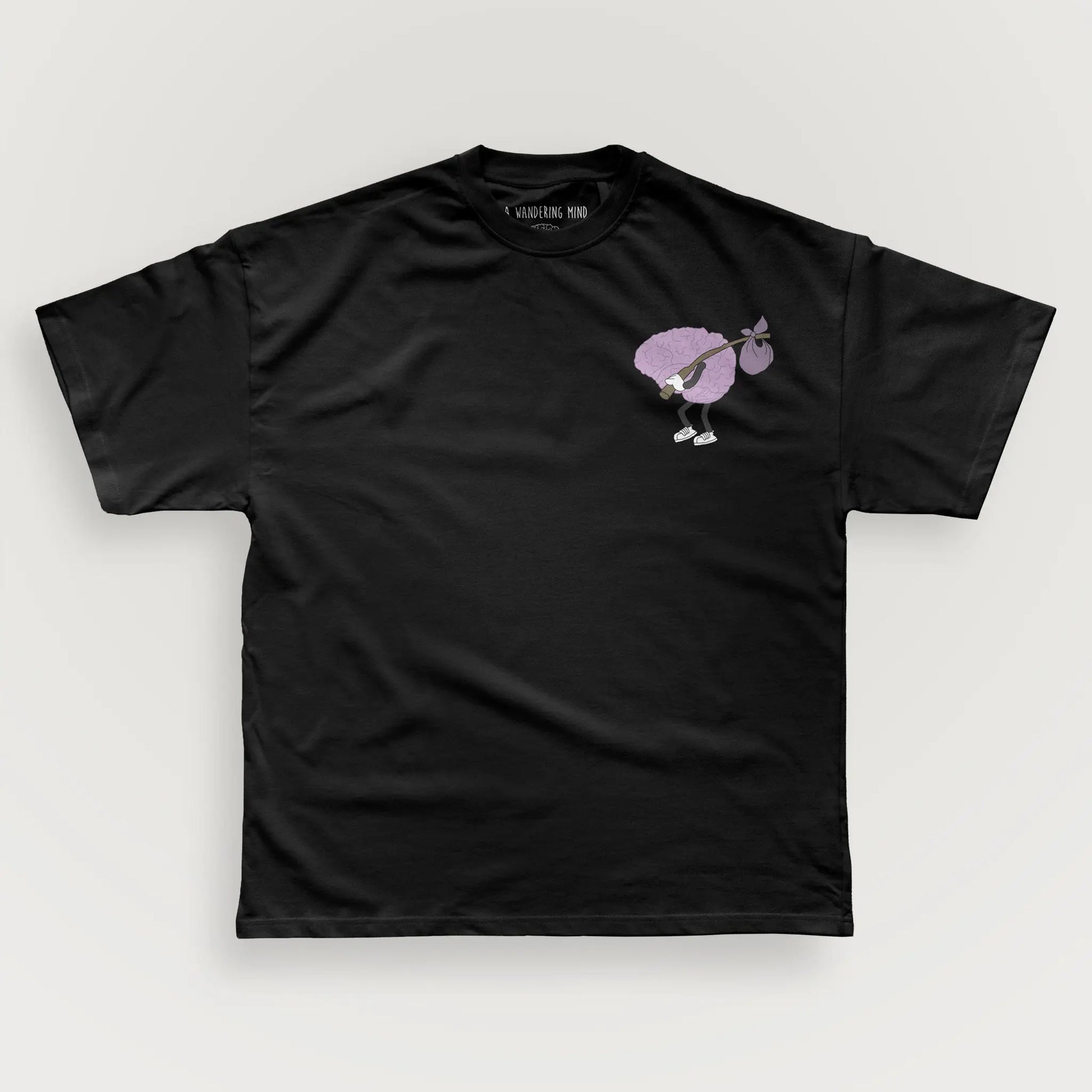A Wandering Mind Wandering Logo Brain t-shirt in black front view