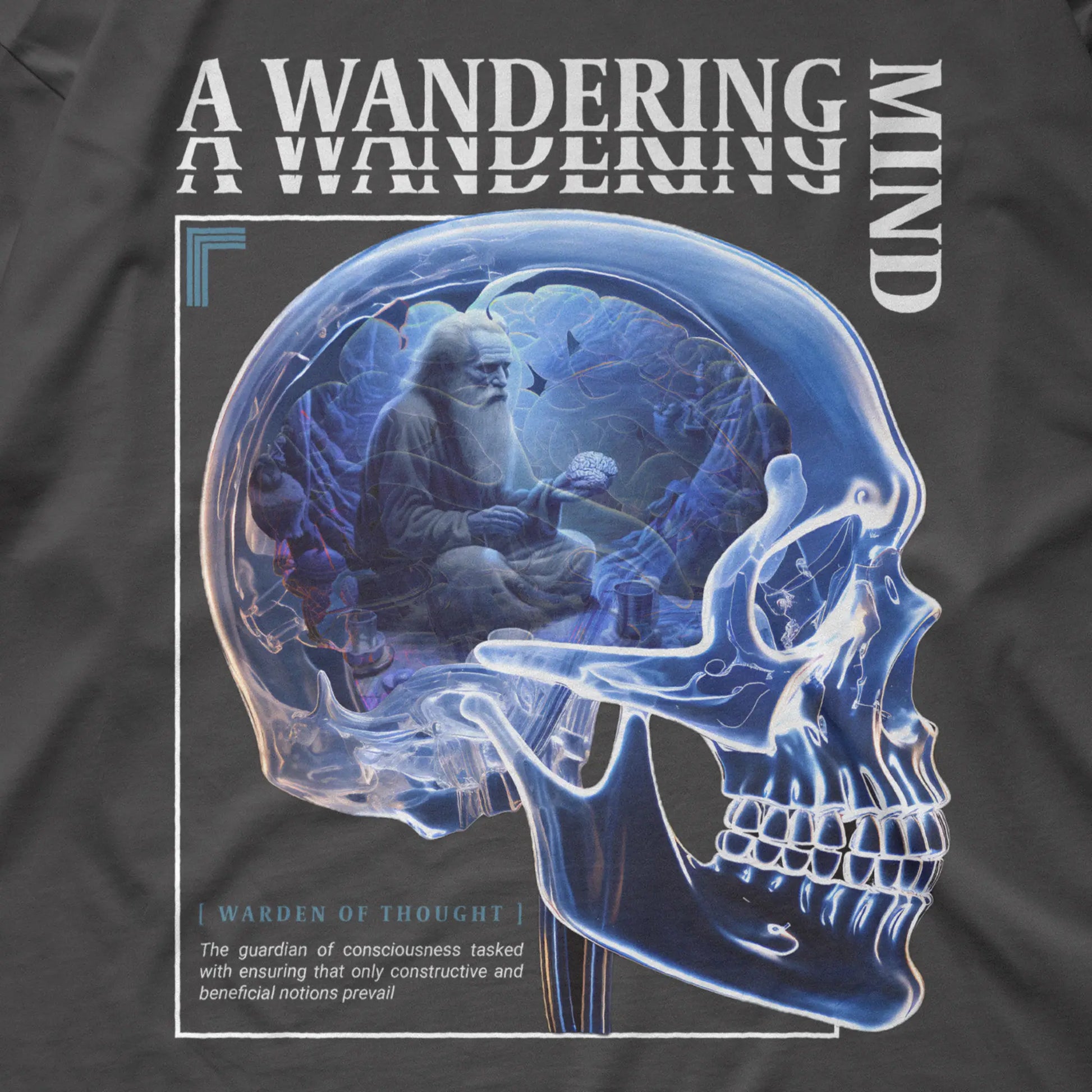 A Wandering Mind Warden of Thought long sleeve t-shirt in vintage black front graphic detail showing skull with seated figure, typography