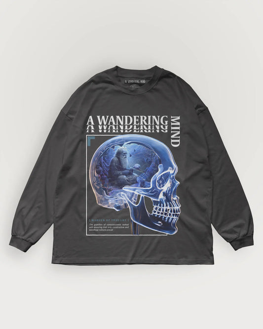 A Wandering Mind Warden of Thought long sleeve t-shirt in vintage black front view