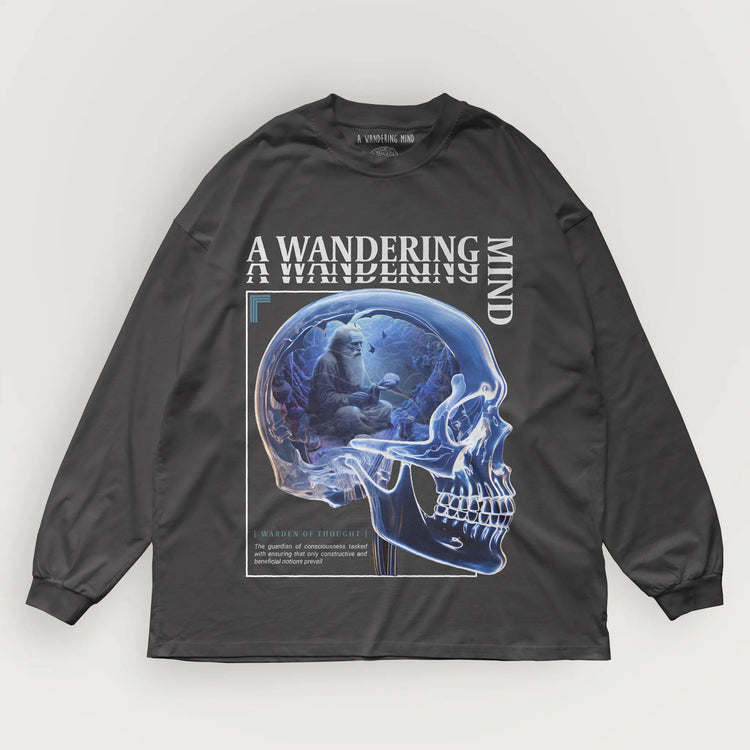 A Wandering Mind Warden of Thought long sleeve t-shirt in vintage black front view