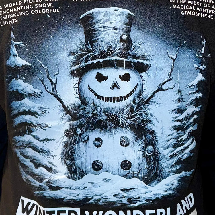 A Wandering Mind Winter Wonderland long sleeve t-shirt in black back graphic featuring snowman with smiling face, winter elements