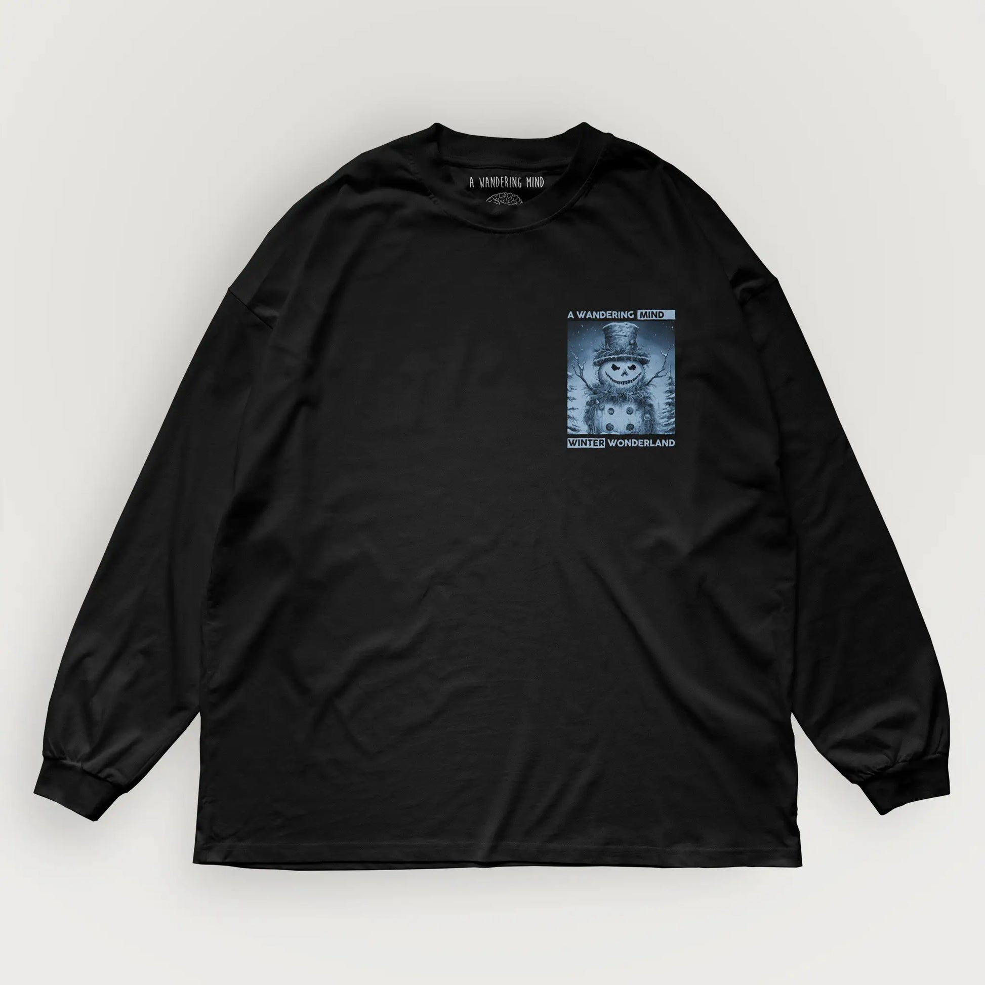 A Wandering Mind Winter Wonderland long sleeve t-shirt in black front view