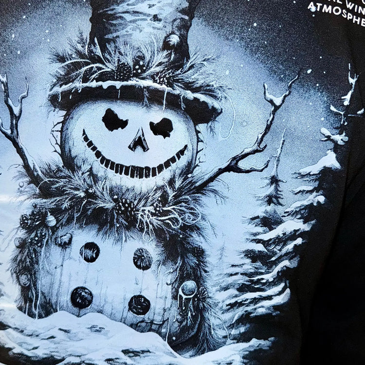A Wandering Mind Winter Wonderland t-shirt in black back graphic detail showing snowman with smiling face, winter elements