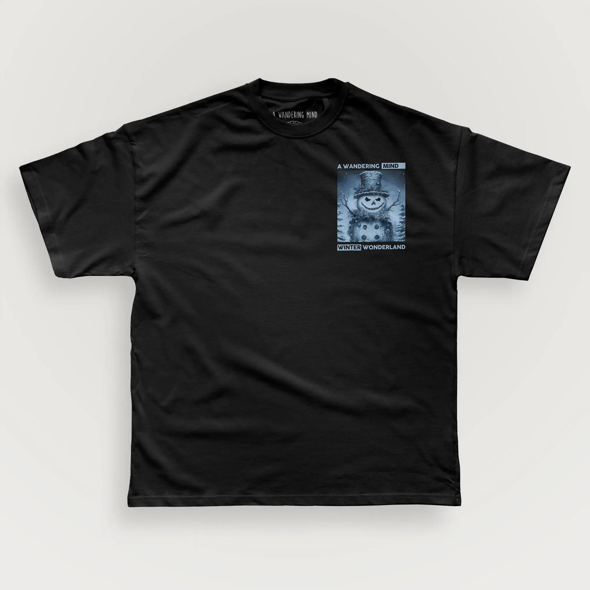 A Wandering Mind Winter Wonderland t-shirt in black front view
